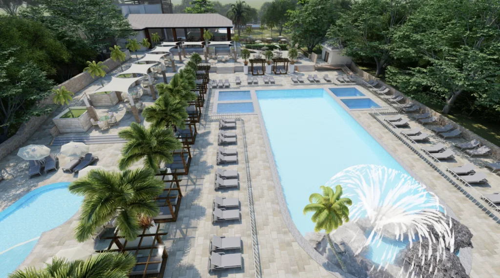 Render of the adults and kids pool at the Costa Brava club house