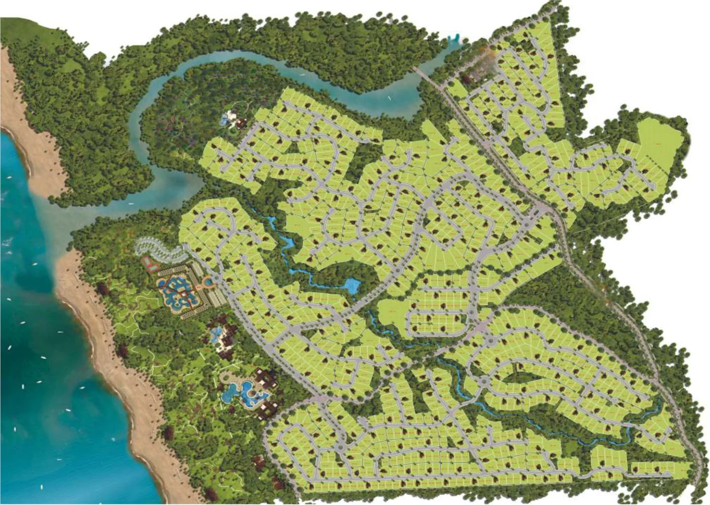 Illustrated master plan of Costa Brava showing lots, roads, the clubhouse and the beach